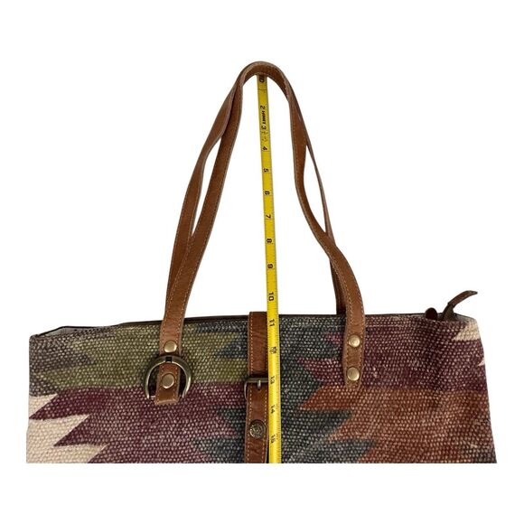 Myra Canvas & Cowhide Leather Tote Southwest Aztec Double Shoulder Strap Western - Picture 5 of 16